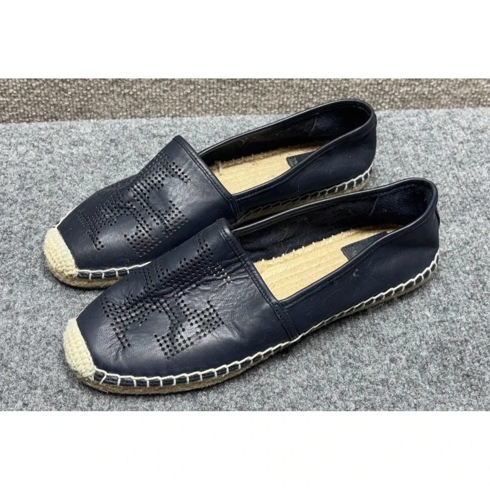 Tory Burch Espadrille Perforated Navy Blue Leather Toe Slip-on Shoes Size US 9.5